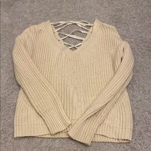 Beige/ Light Pink Knit Sweater with Lace-Up Back